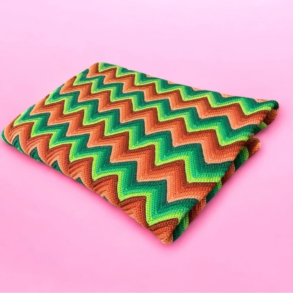 Striped Chevron Knit Throw Blanket in Green and Tan - Picture 2 of 12